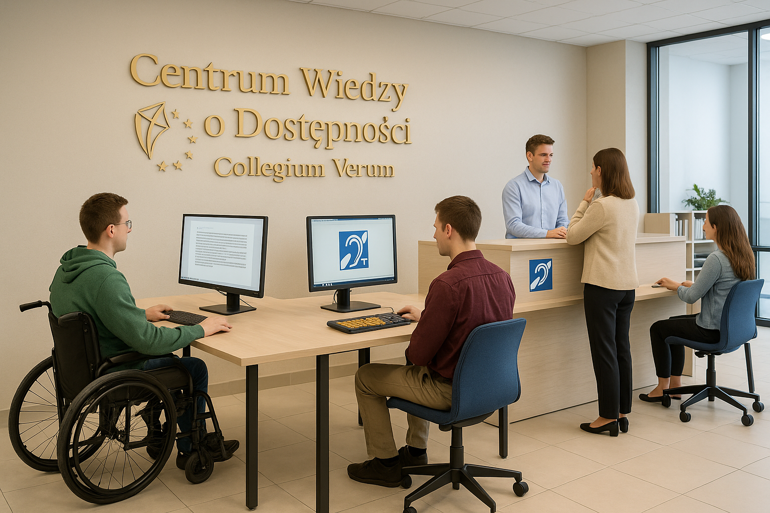 Fotografia przedstawia wnętrze Centrum Wiedzy o Dostępności Collegium Verum. W nowoczesnej, jasnej przestrzeni znajdują się stanowiska komputerowe oraz lada informacyjna. Po lewej stronie student na wózku korzysta z komputera, obok druga osoba pracuje przy stanowisku z klawiaturą o powiększonych klawiszach. Przy ladzie z oznaczeniem pętli indukcyjnej pracownik rozmawia z kobietą, a po prawej stronie kolejna osoba siedzi przy komputerze. Na ścianie widoczny jest złoty napis „Centrum Wiedzy o Dostępności – Collegium Verum”