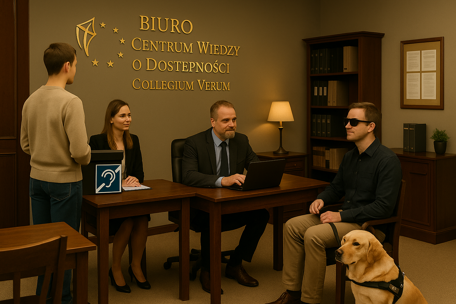 Fotografia przedstawia wnętrze Biura Centrum Wiedzy o Dostępności Collegium Verum. W eleganckim biurze z drewnianymi meblami i złotym napisem na ścianie odbywa się spotkanie pracowników z interesantami. Po prawej stronie siedzi osoba niewidoma w okularach przeciwsłonecznych, obok której leży pies asystujący.